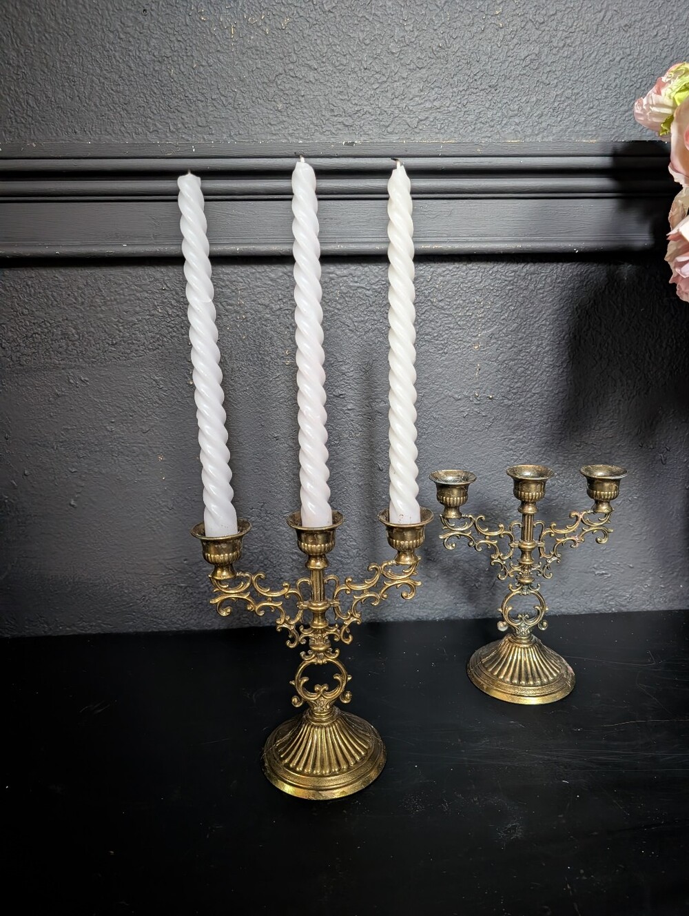 Vintage, Set of 2, Brass Ornate three-arm candelabras, scrollwork details 7"